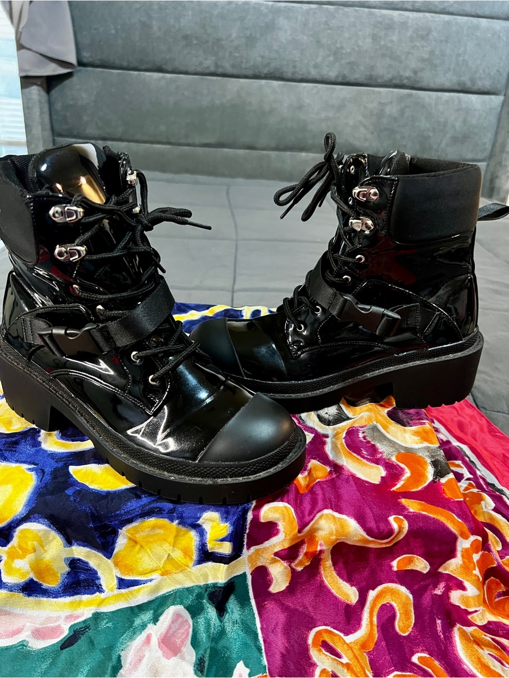 Cape Robbin Wms Black Patent Chunky Utility Zip 90s Grunge Urban Combat Boots 8